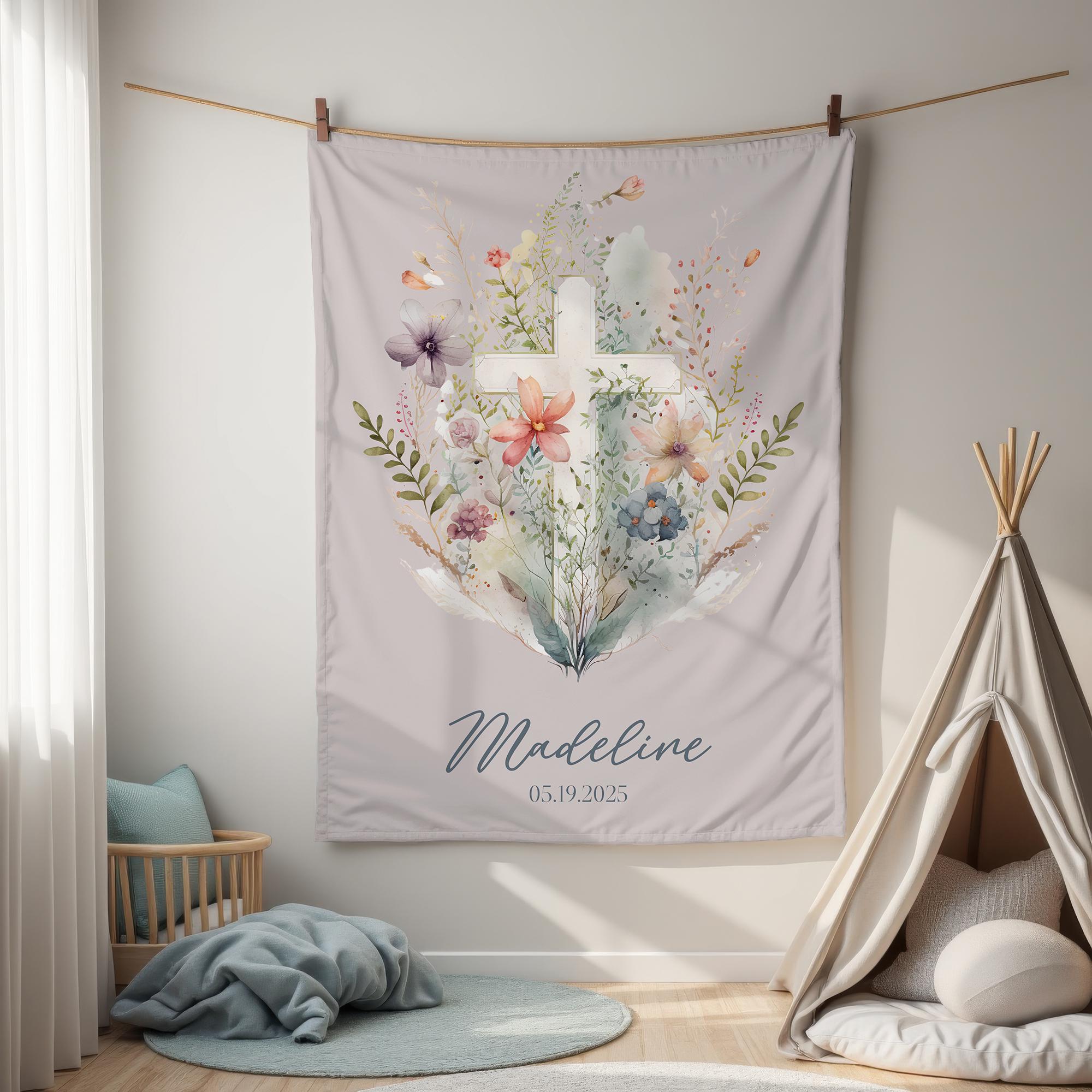 Personalized Floral Baptism Velveteen Blanket, Custom Baby Shower Gift, Soft Baby Nursery Decor, Monogrammed Toddler Throw, Cozy Infant