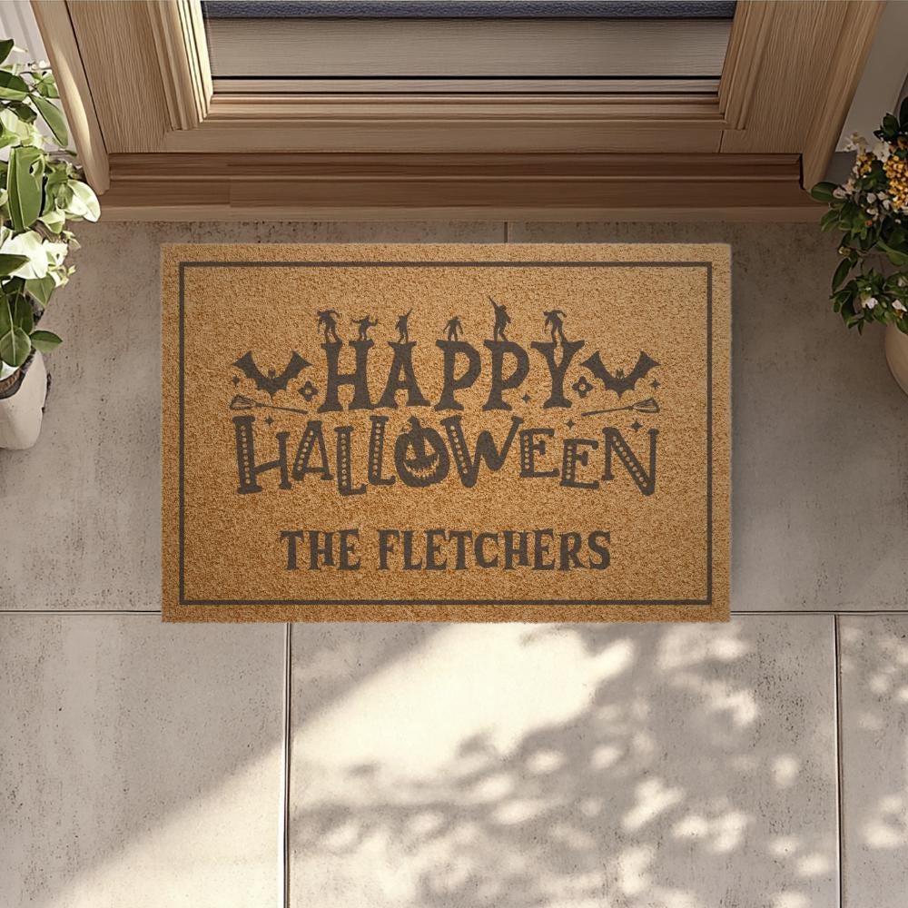 Personalized Happy Halloween Coir Doormat, Custom Fall Welcome Mat, Front Porch Rug, Spooky Entryway Decor for Your Haunted Home