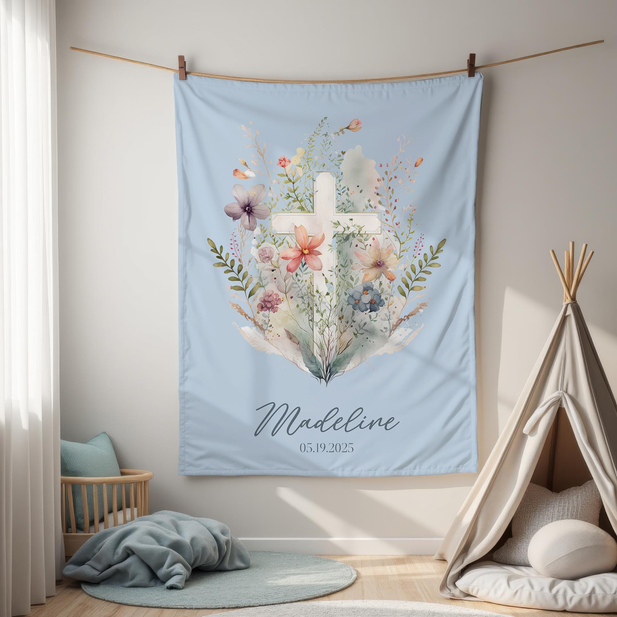 Personalized Floral Baptism Velveteen Blanket, Custom Baby Shower Gift, Soft Baby Nursery Decor, Monogrammed Toddler Throw, Cozy Infant