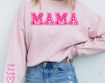 Pink Leopard Mama Sweatshirt: Custom Name Mom Jumper with children’s names
