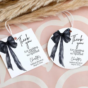She’s Tying The Knot Black Bow Bridal Shower Favor Tags: Minimalist Canva Template (Digital Download)