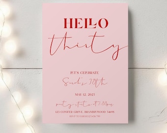 Invitación de cumpleaños número 30, invitación de cumpleaños número 30 en rosa y rojo, invitación moderna para fiesta de cumpleaños número 30, edita en Canva