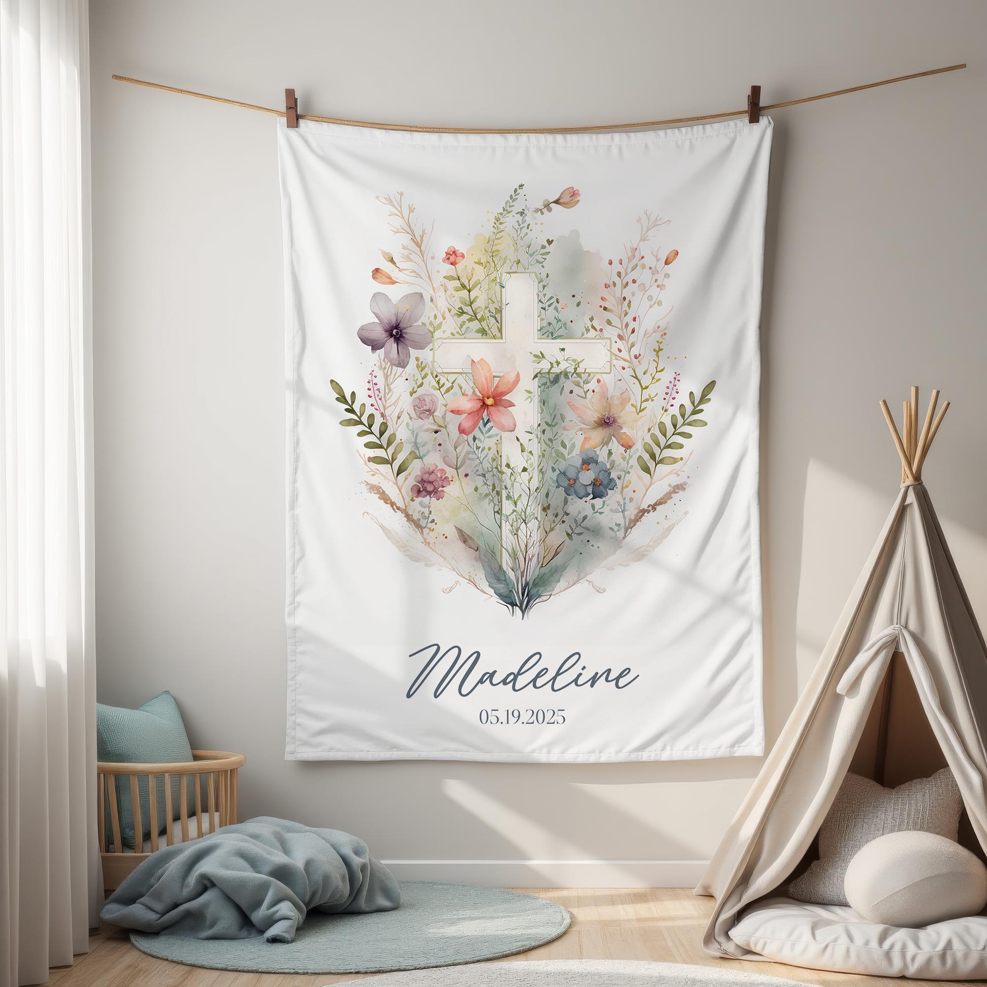 Personalized Floral Baptism Velveteen Blanket, Custom Baby Shower Gift, Soft Baby Nursery Decor, Monogrammed Toddler Throw, Cozy Infant