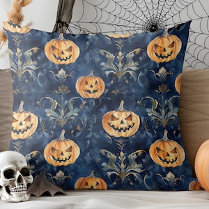 Blue Ornate Floral Orange Pumpkin Suede Pillow, Home Decor, Couch Pillow, Accent Pillow, Living Room Decor, Holiday Decor