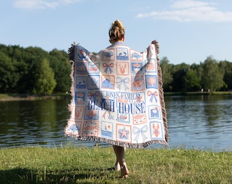 Personalized Beach House Woven Blanket: Coastal Nautical Cotton Decor - add your family name and date