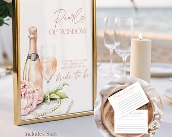 Pearls of Wisdom Bridal Shower Advice Sign & Cards: Pearls Prosecco Canva Template