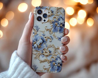 Blue Floral Tile Phone Case: Vintage Baroque Design, Protective Cover for iPhone or Galaxy