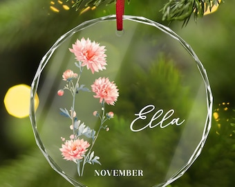 Personalized Birth Month Flower Glass Ornament: Custom Holiday Keepsake with Name