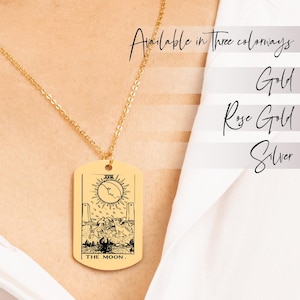 Gepersonaliseerde tarotkaartketting, de maan tarotkaart, tag hanger ketting, Witchy beste vriend cadeau, tarotketting, Moederdagcadeau