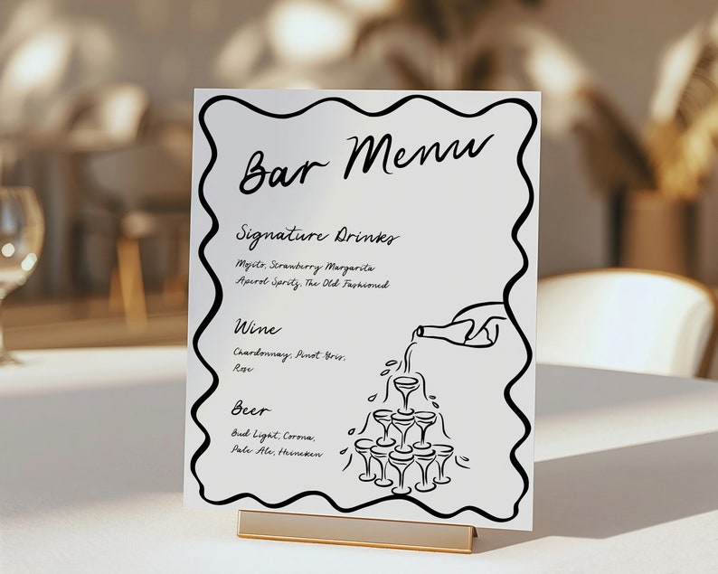 Whimsical illustration style Bar Menu wedding bar menu sign, printable cocktail menu, bar menu sign template, birthday drink menu sign, whimsical wedding sign, editable bar menu sign, hand drawn bar decor, diy cocktail party sign, custom drink menu sign, wedding reception bar, birthday bar sign decor, signature drink menu, canva editable bar signtemplate
