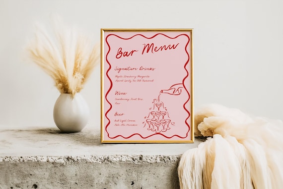 Whimsical Bar Menu Sign Template, Hand Drawn Wedding Bar Menu Printable, Birthday Cocktail Drink Sign, Editable Canva Bar Sign
