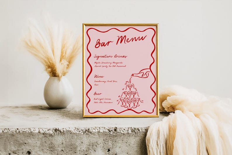 wedding bar menu sign, printable cocktail menu, bar menu sign template, birthday drink menu sign, whimsical wedding sign, editable bar menu sign, hand drawn bar decor, diy cocktail party sign, custom drink menu sign, wedding reception bar, birthday bar sign decor, signature drink menu, canva editable bar sign