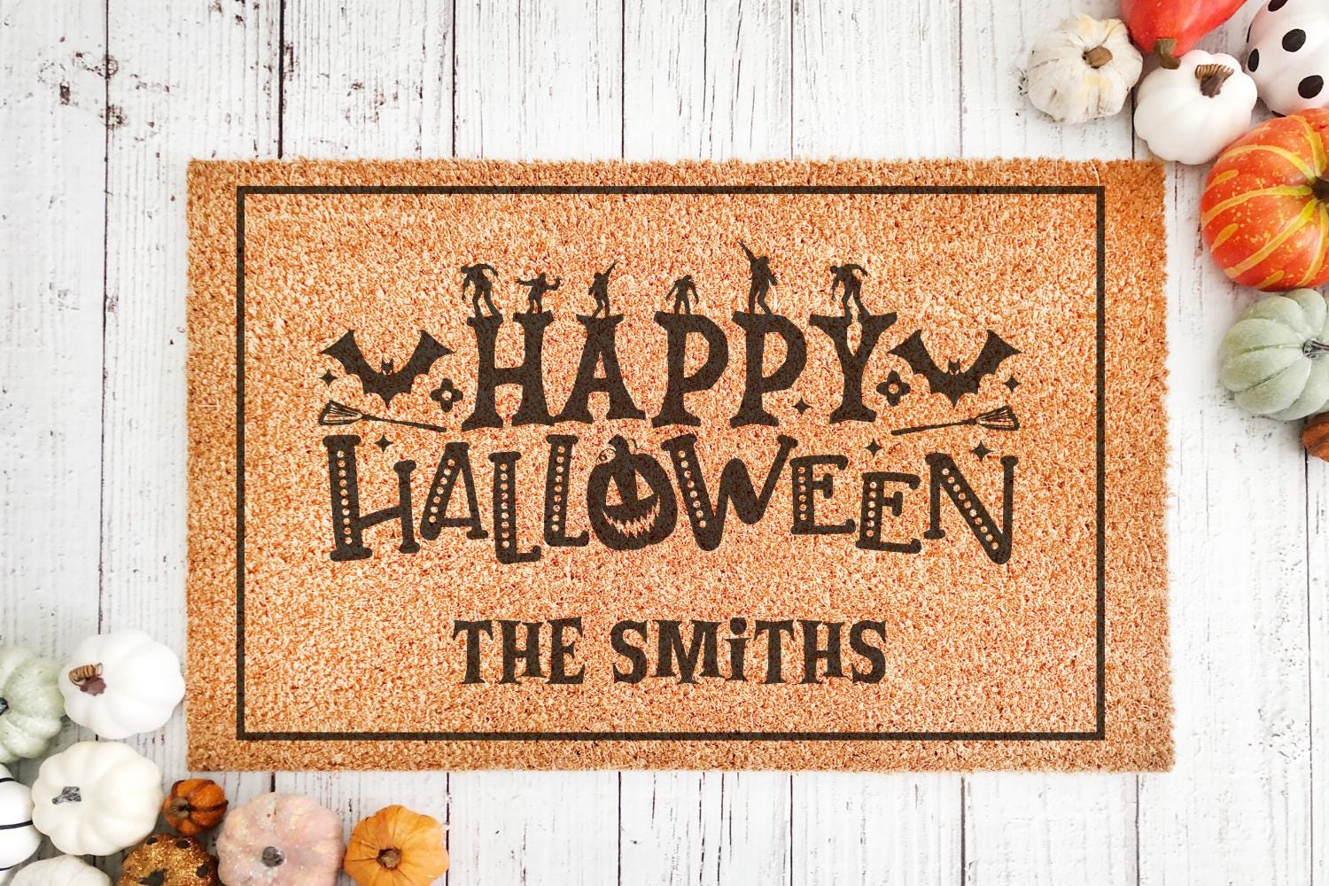Personalized Happy Halloween Coir Doormat, Custom Fall Welcome Mat, Front Porch Rug, Spooky Entryway Decor for Your Haunted Home