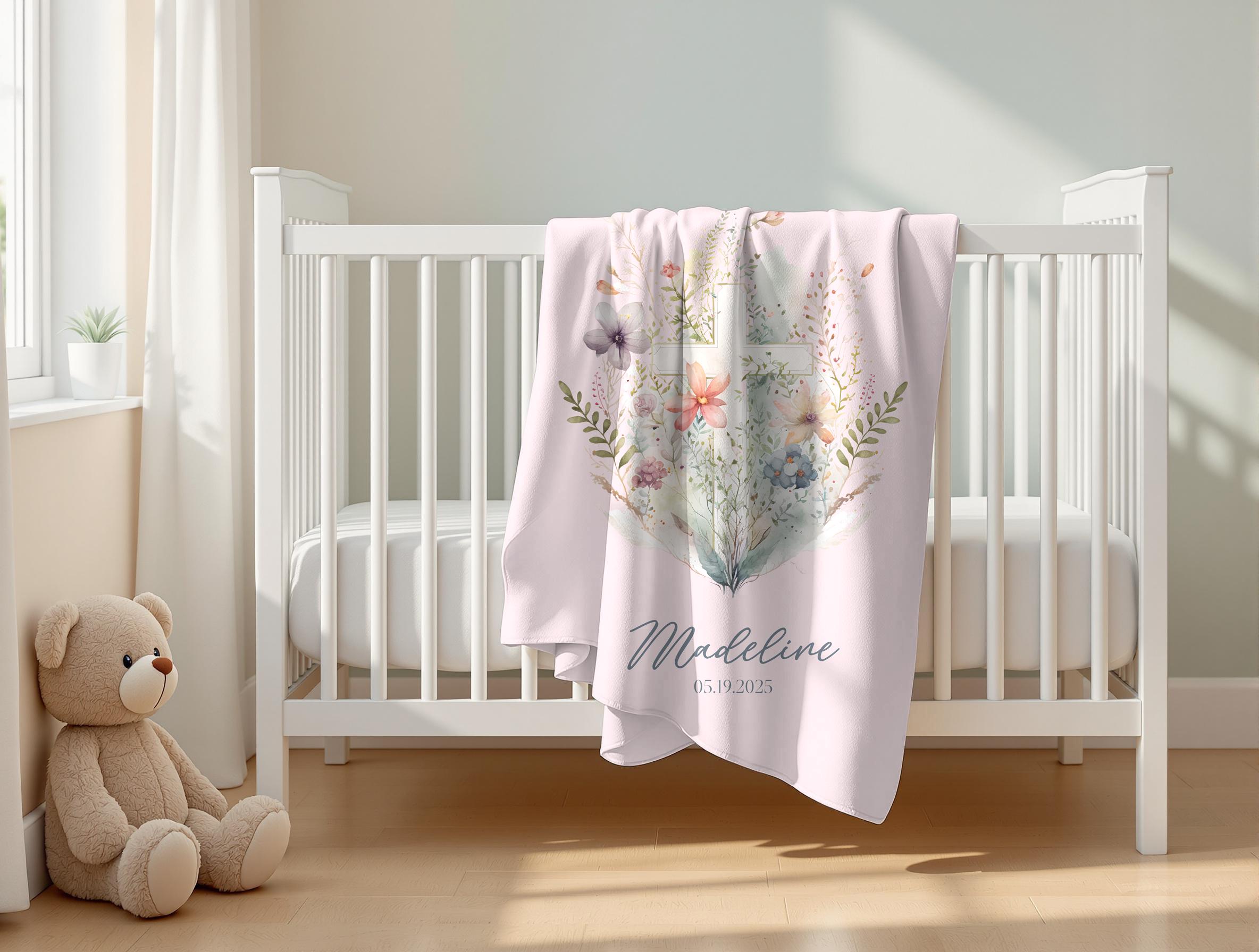 Personalized Floral Baptism Velveteen Blanket, Custom Baby Shower Gift, Soft Baby Nursery Decor, Monogrammed Toddler Throw, Cozy Infant