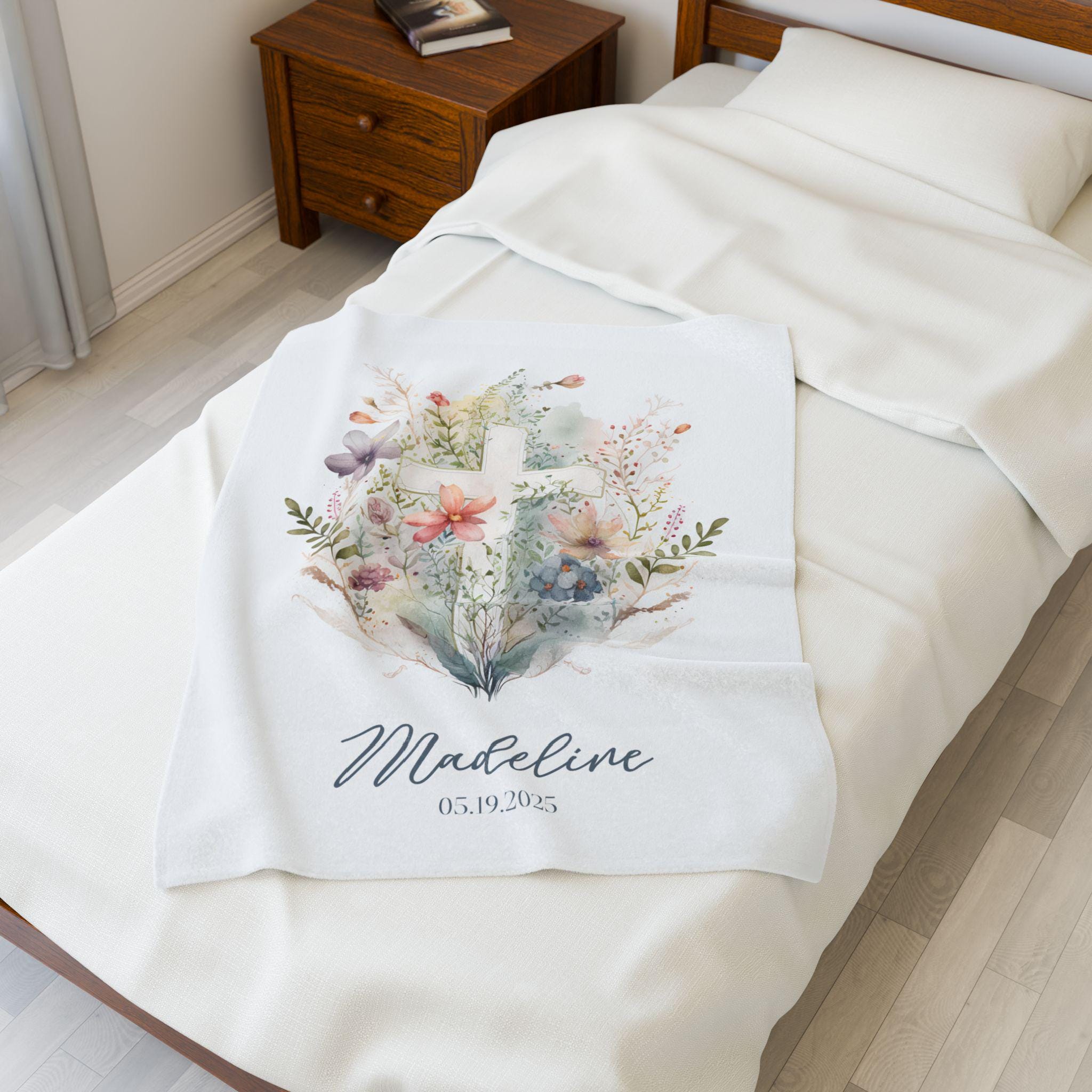 Personalized Floral Baptism Velveteen Blanket, Custom Baby Shower Gift, Soft Baby Nursery Decor, Monogrammed Toddler Throw, Cozy Infant