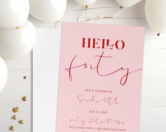 Hello Forty Birthday Invitation: Pink & Red Modern 40th Party Invite - Edit in Canva