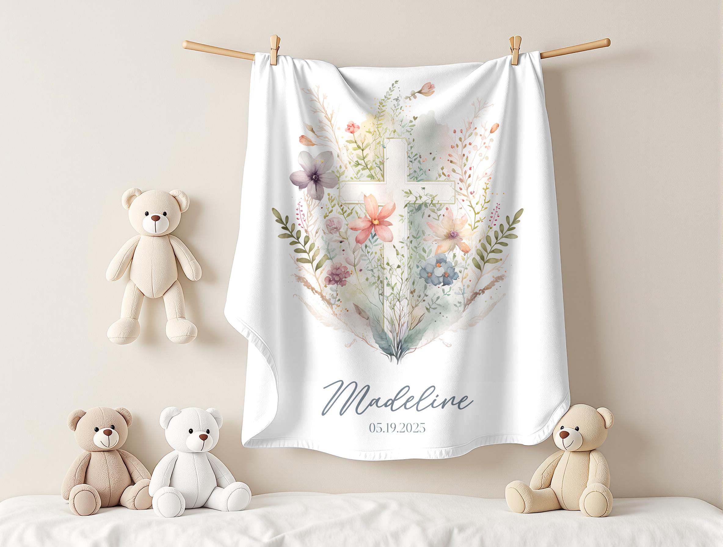 Personalized Floral Baptism Velveteen Blanket, Custom Baby Shower Gift, Soft Baby Nursery Decor, Monogrammed Toddler Throw, Cozy Infant