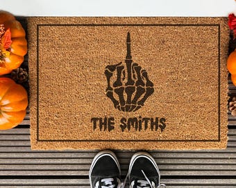 Personalized Skeleton Middle Finger Doormat: Funny Halloween Coir Mat