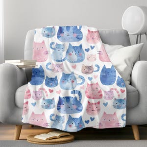 Cats Velveteen Blanket, Pink Blue Kitty Throw, Cute Kitty Lap Quilt, Cat Lover Gift, Cats Velveteen Blanket, Cozy Gift for Cat Lovers