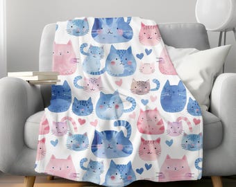 Cats Velveteen Blanket: Pink & Blue Kitty Throw, Cat Lover Gift