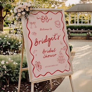Skurriles Handgezeichnetes Brautparty Zeichen, Braut Willkommensschild Vorlage, Hens Night Willkommensschild, Gewelltes Randschild, bearbeiten in Canva
