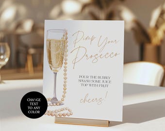 Pearls & Prosecco Bar Sign: Mimosa Station Bridal Shower Decor (Canva Template Digital Download)