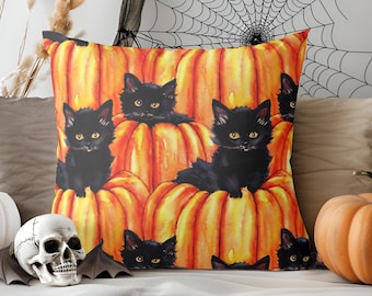 Cojín de gamuza con forma de calabaza y gato negro para Halloween: decoración otoñal para el hogar