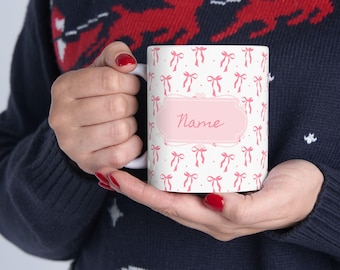 Personalized Pink Bow Ceramic Mug: Girly Coquette Coffee Cup