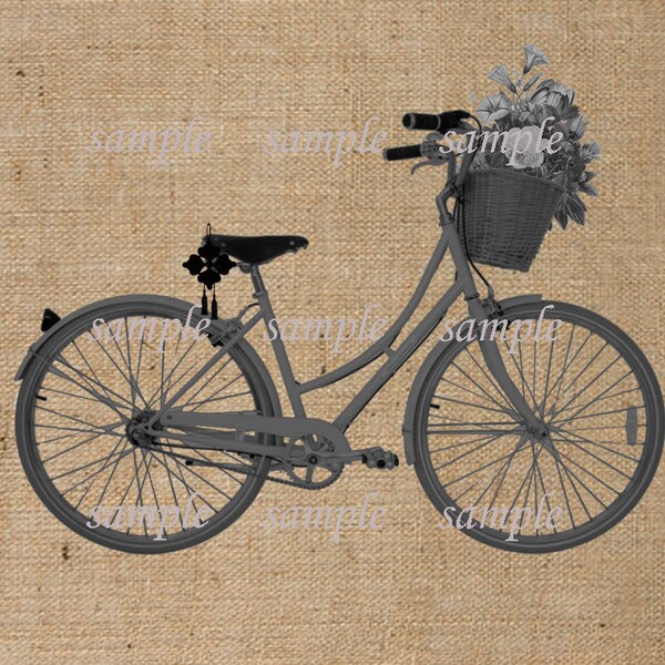 Digital Download burlap collage sheet BICYCLE Basket Flowers Fabric Transfer Digital Iron print burlap fabrics pillows bags