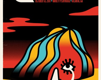 May include: A concert poster for The Growlers, a band, with a black background and a stylized illustration of a face with a single eye. The text on the poster reads "The Growlers, October 13, 2017, Variety Playhouse, Atlanta, GA."