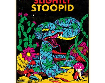 May include: A concert poster for Slightly Stoopid's Summertime 2023 tour featuring a colourful illustration of a snake in a jungle setting. The poster also lists Atmosphere, Sublime with Rome, and The Movement as supporting acts. The concert will take place on Friday, July 21 at the Cynthia Woods Mitchell Pavilion in The Woodlands, Texas.
