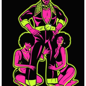 May include: A black and white illustration of a man with an afro wearing a black and green outfit with a leopard print collar. Two women with afros are kneeling on either side of the man. The text "Rudy Ray Moore" and "King of the Party Record" is below the image.