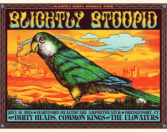 May include: A concert poster for Slightly Stoopid's Slightly Dirty Summer Tour. The poster features a cartoon parrot smoking a cigarette in front of a cityscape. The text on the poster reads "Slightly Stoopid", "Slightly Dirty Summer Tour", "July 18, 2024", "Hartford Healthcare Amphitheater", "Bridgeport, CT", "With Dirty Heads, Common Kings and The Elovaters".