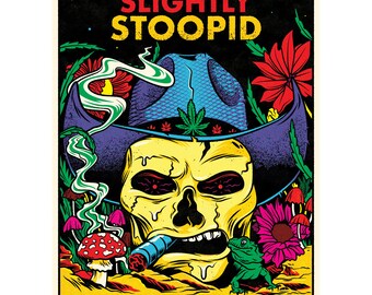 May include: A concert poster for Slightly Stoopid with Sublime with Rome and The Movement. The poster features a cartoon skull wearing a cowboy hat with a marijuana leaf design. The skull is smoking a cigar and has red eyes. The poster is set against a dark background with colorful flowers and mushrooms.