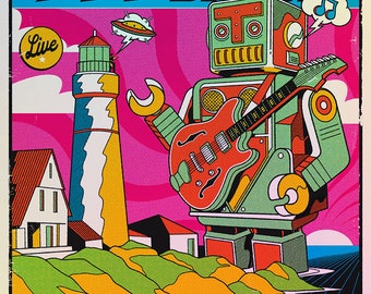 May include: A retro-style poster advertising a Trey Anastasio Band concert. The poster features a robot playing a guitar, a lighthouse, and the text "Trey Anastasio Band" in a bold, colorful font. The concert is scheduled for September 17th at Thompson's Point in Portland, Maine.