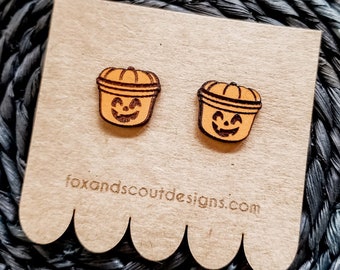 Boo Bucket Pumpkin Earrings // Halloween Earring // Stud Earrings // Fast Food Bucket // Fast Food Earrings // Wood Earrings // Halloween