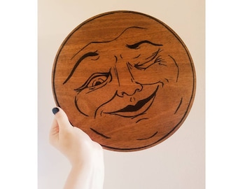 Man in the Moon Engraved Wooden Sign // Moon Sign // Wooden Sign // Round Sign // Halloween Decor // Vintage Sign // Vintage Moon // Moon
