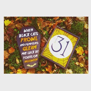 May include: Two Halloween-themed wooden signs rest on a bed of leaves and grass. One sign is coffin-shaped with the text "When Black Cats Prowl and Pumpkins Gleam May Luck Be Yours on Halloween." The other sign is rectangular with a yellow background, a spiderweb design, and the number "31".