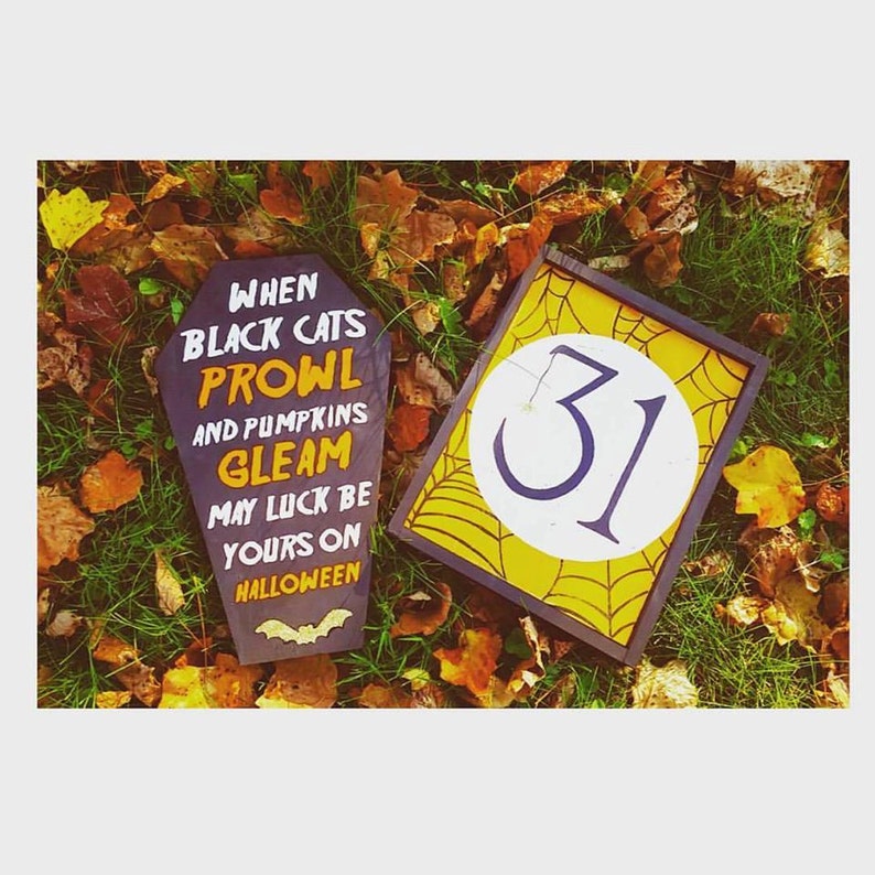 May include: Two Halloween-themed wooden signs rest on a bed of leaves and grass. One sign is coffin-shaped with the text "When Black Cats Prowl and Pumpkins Gleam May Luck Be Yours on Halloween." The other sign is rectangular with a yellow background, a spiderweb design, and the number "31".