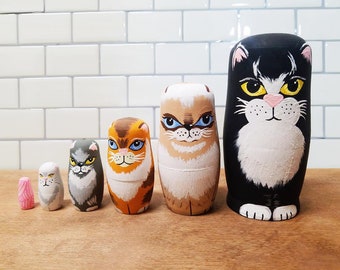Custom Cat Nesting Doll // 6 pc Set Nesting Dolls // Cat Dolls // Custom Dolls // Hand Painted Dolls // Matryoshka Dolls // Cat Matryoshka /