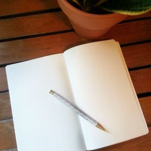 May include: An open, blank notebook with a pen resting on the pages. The pen has a white barrel with black polka dots and a gold-colored tip. A potted plant with green and yellow leaves sits in the background on a wooden surface.