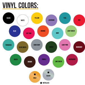 Op de afbeelding: Een kleurenkaart met een verscheidenheid aan vinylkleuren. De tekst "VINYL COLORS:" staat bovenaan. De kaart bevat cirkels in kleuren zoals zwart, wit, geel, rood, blauw, oranje, groen en metallic goud en zilver.