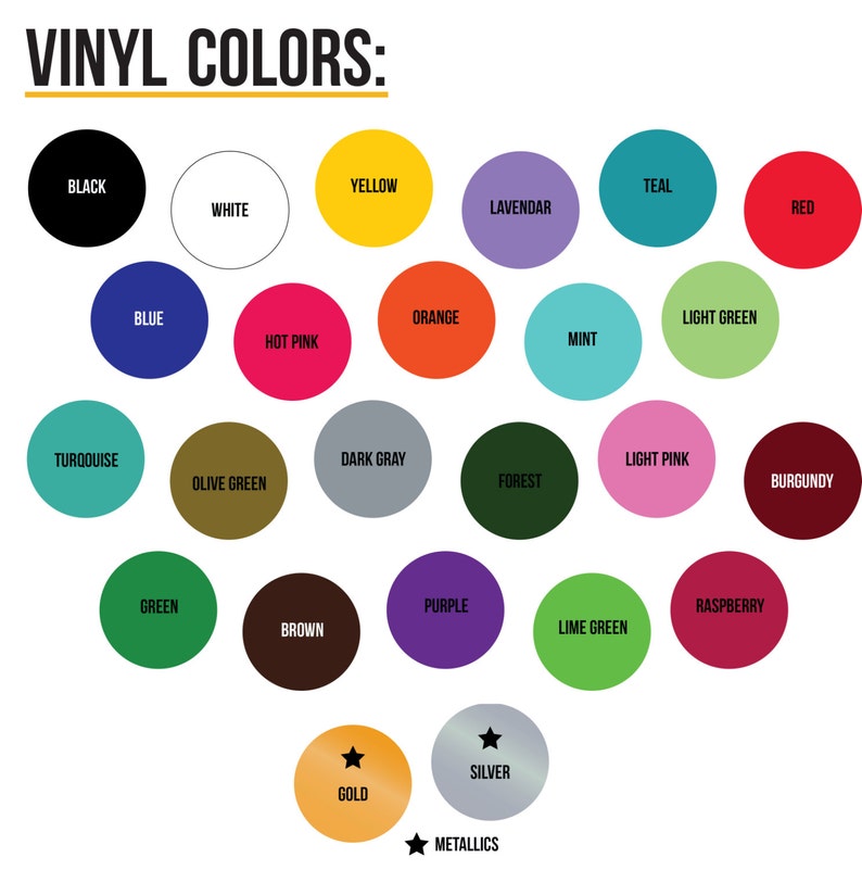 Op de afbeelding: Een kleurenkaart met een verscheidenheid aan vinylkleuren. De tekst "VINYL COLORS:" staat bovenaan. De kaart bevat cirkels in kleuren zoals zwart, wit, geel, rood, blauw, oranje, groen en metallic goud en zilver.