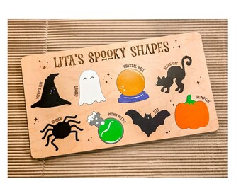 Aangepaste spookachtige vormen Halloween-puzzel // Houten puzzel // Houten leerspeelgoed // Halloween-puzzel // Halloween-cadeau-idee // Vormenpuzzel