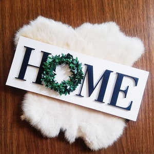 Lasercut HOME Sign with Faux Boxwood Wreath // Home Sign // Boxwood Wreath // Wood Sign // Lasercut // Handmade Sign // Framed Sign
