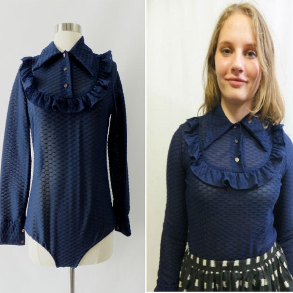 Reserved/Vintage 1970s Top / navy blue pointed collar sheer ruffle blouse body suit