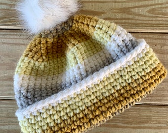 Yellow, Gray and White Crochet Beanie