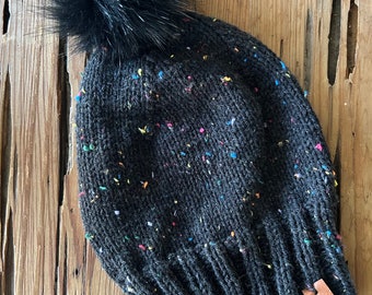 Knit Black Confetti Pom Beanie
