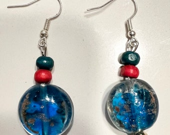 Boucles d'oreilles pendantes en verre scintillant turquoise et or, turquoise, bois d'oranger, perles d'or