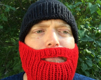 Knit Beard Hat - Black with Red Beard - Men’s Knit Hat and Beard